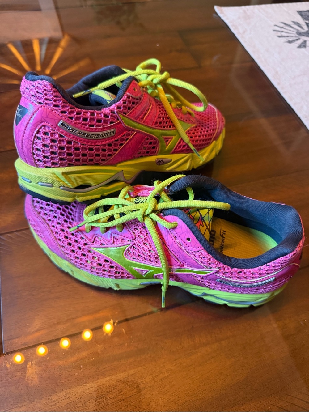 Mizuno Womens Pink and Neon Green Mesh Running Shoes